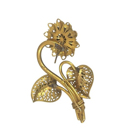Vintage Floral Filigree Brooch Pin With Enamel & Faux Pearl Accents Gold Tone Co - Picture 6 of 8